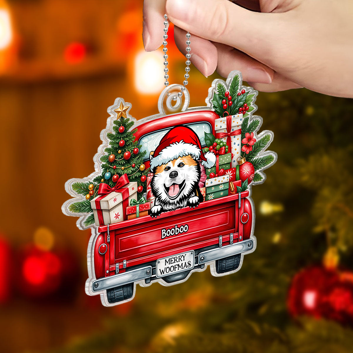 Merry Woofmas Dogs On Truck Personalized Acrylic Ornament, Christmas Gift For Dog Mom Dog Dad
