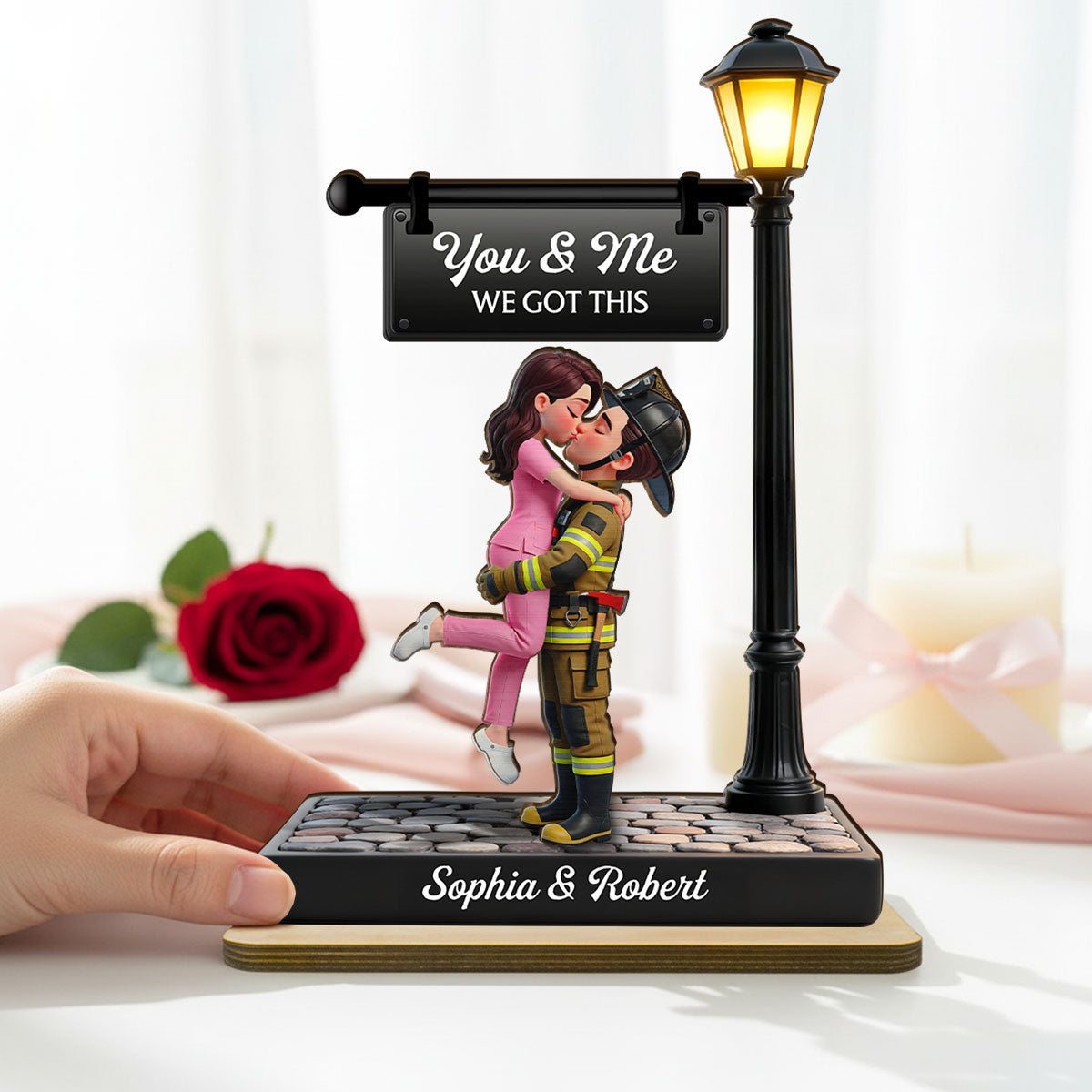 Proud Hero Couple Under Lamp Post - Personalized 2-Layered Wooden Plaque - Valentine's Day Gift For Couple, For Him, For Her, Nurse, Police, Firefighter, Army