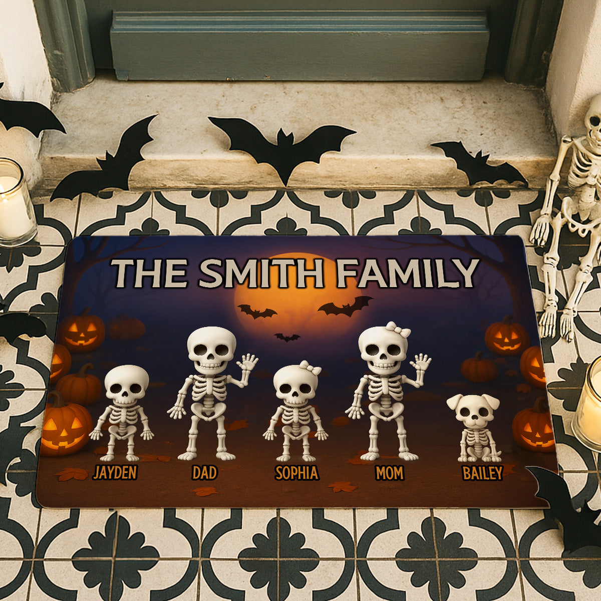 3D Effect Halloween Spooky Theme Funny Skeleton Family Personalized Doormat