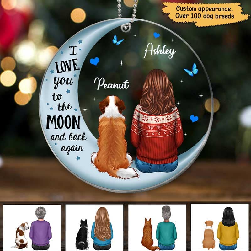 Love To The Moon Dog Mom Christmas Personalized Acrylic Ornament