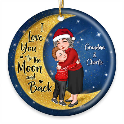 Grandma Grandkid Hugging On Watercolor Moon Personalized Circle Ornament