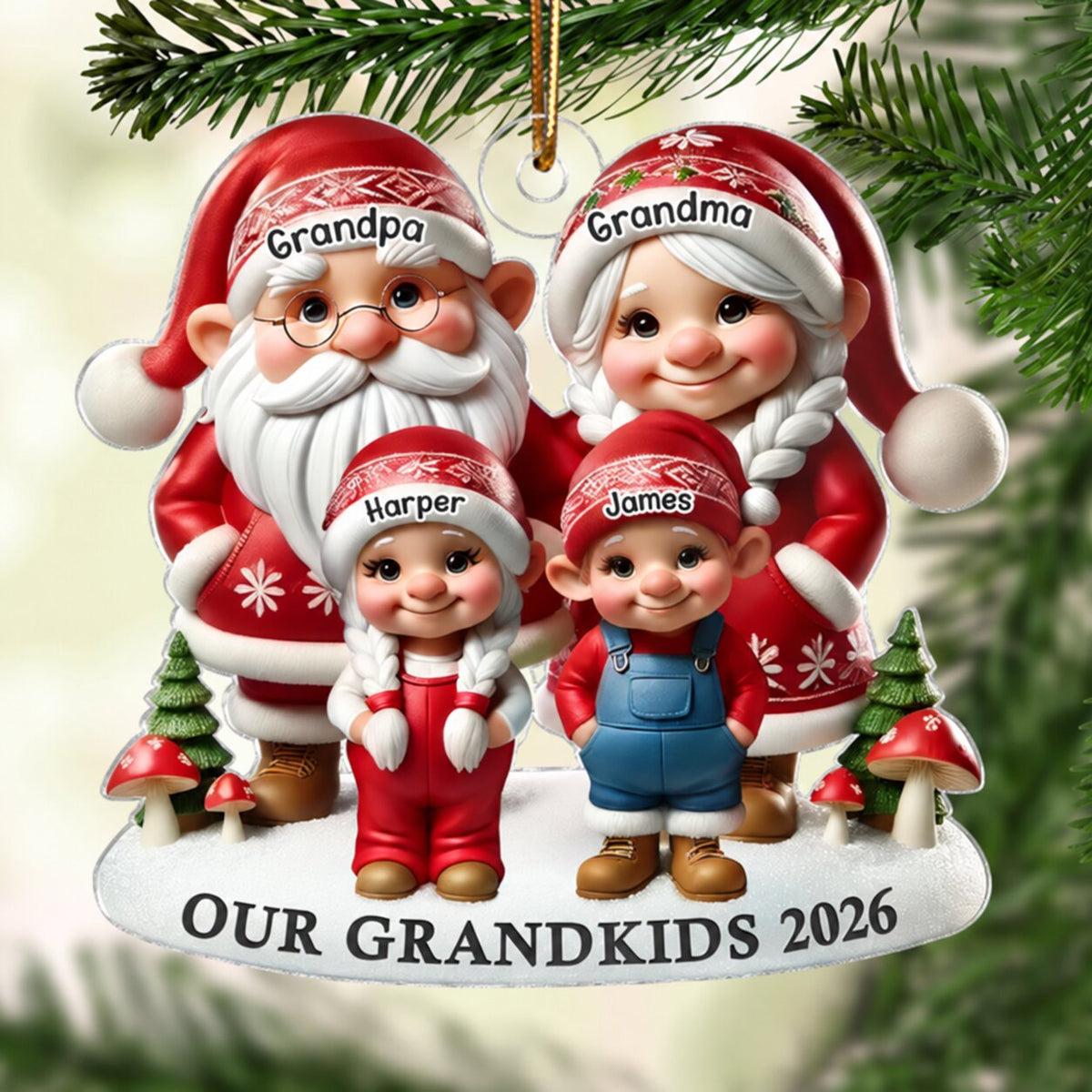 3D Effect Gnome Grandma Grandpa And Grandkids - Personalized Acrylic Ornament - Heartfelt Gift For Grandparents, Grandkids