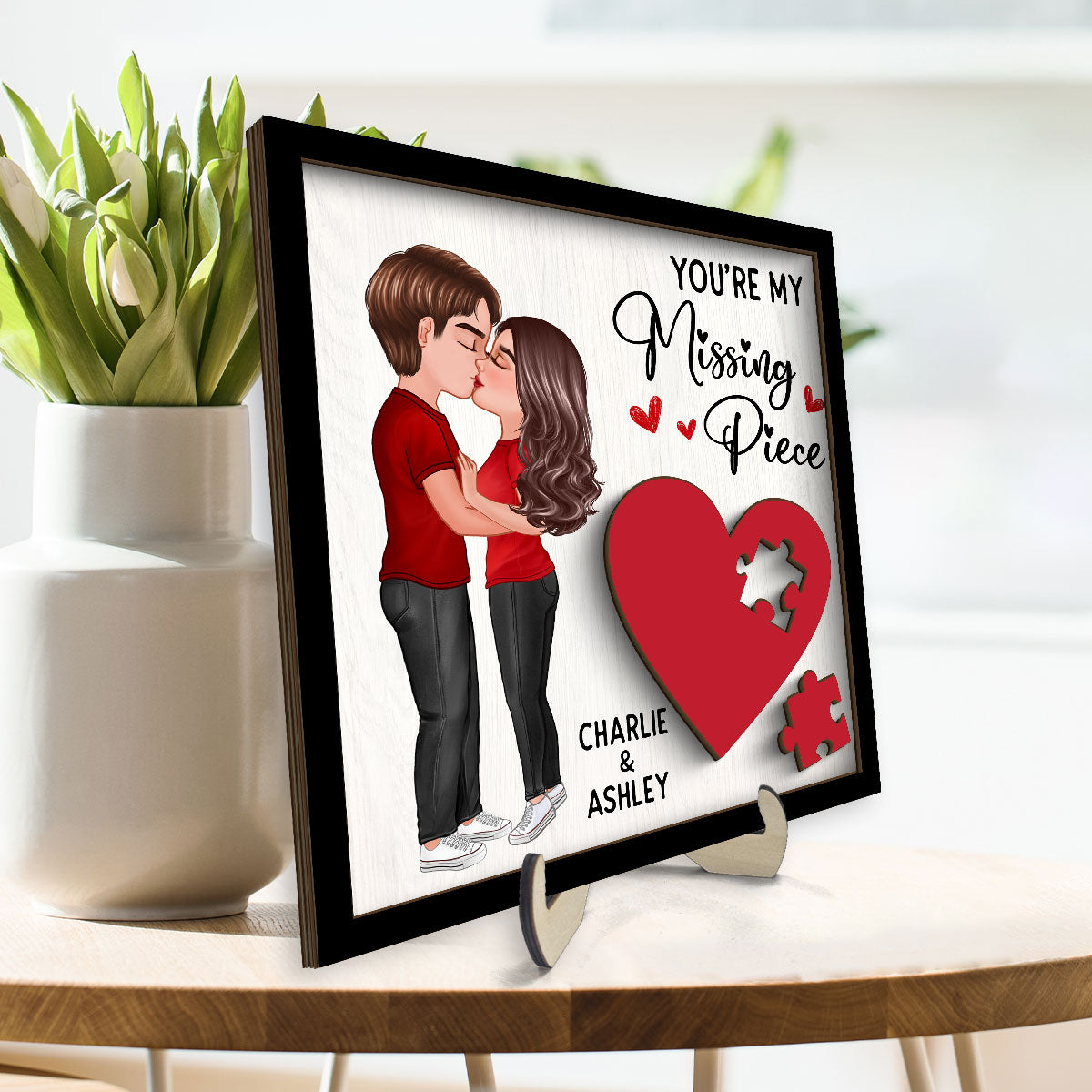 Couple Kissing Standing Red Heart Puzzle Personalized 2-layer Wooden Plaque, Valentine‘s Day Gift For Him, For Her