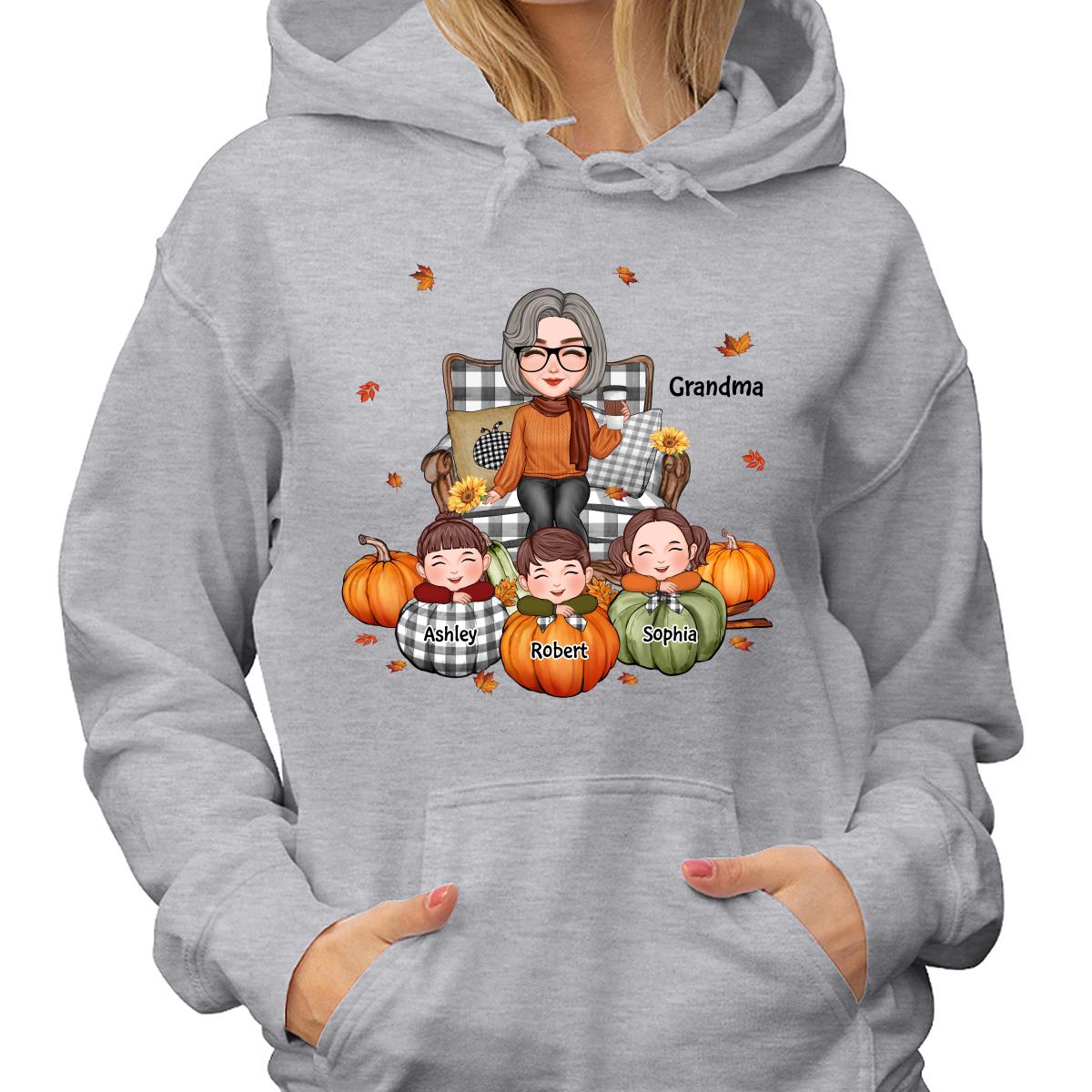 Cute Grandma Grandkids On Chair Kids On Pumpkins Personalized Shirt