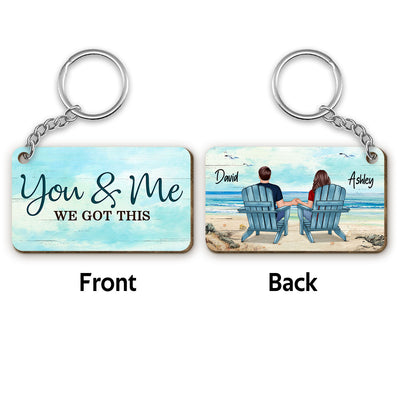 Back View Couple Sitting Beach Landscape Personalized Wooden Keychain