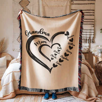 Grandma Mom Hearts Kids And Grandkids Names Personalized Tapestry Woven Blanket, Gift For Grandma, Mom