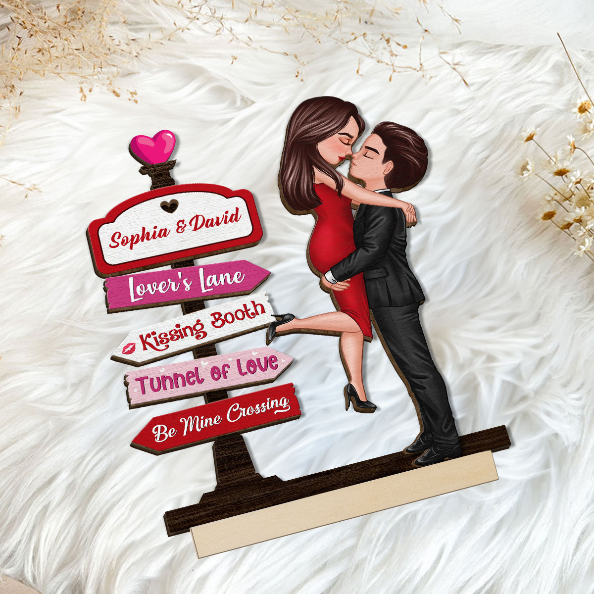 Couple Hugging Kissing Directional Sign  Home Decor Personalized 2-Layer Standing Wooden Plaque