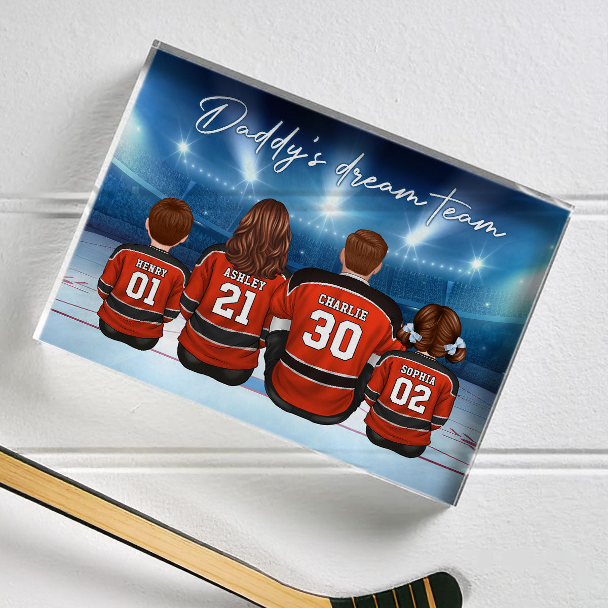 Daddy's Team Hockey Family Sitting Personalized Acrylic Block, Unique Father's Day Gift for Dad, Gift for Husband