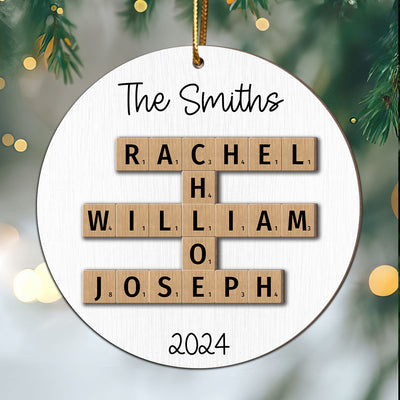 Rustic Family Names Crossword Puzzle Art Personalized 2-Layer Wooden Ornament, Christmas Gift For Family, For Parents, Grandparents, Siblings, Children