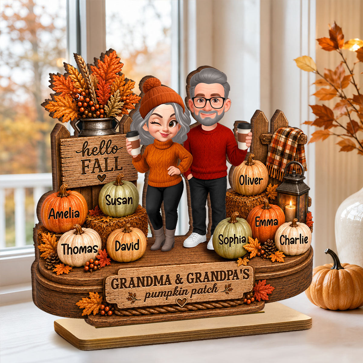 Hello Fall Grandparents' Pumpkin Patch - Personalized 2-Layered Wooden Plaque - Fall Gift, Thanksgiving, Grandparents Day Gift