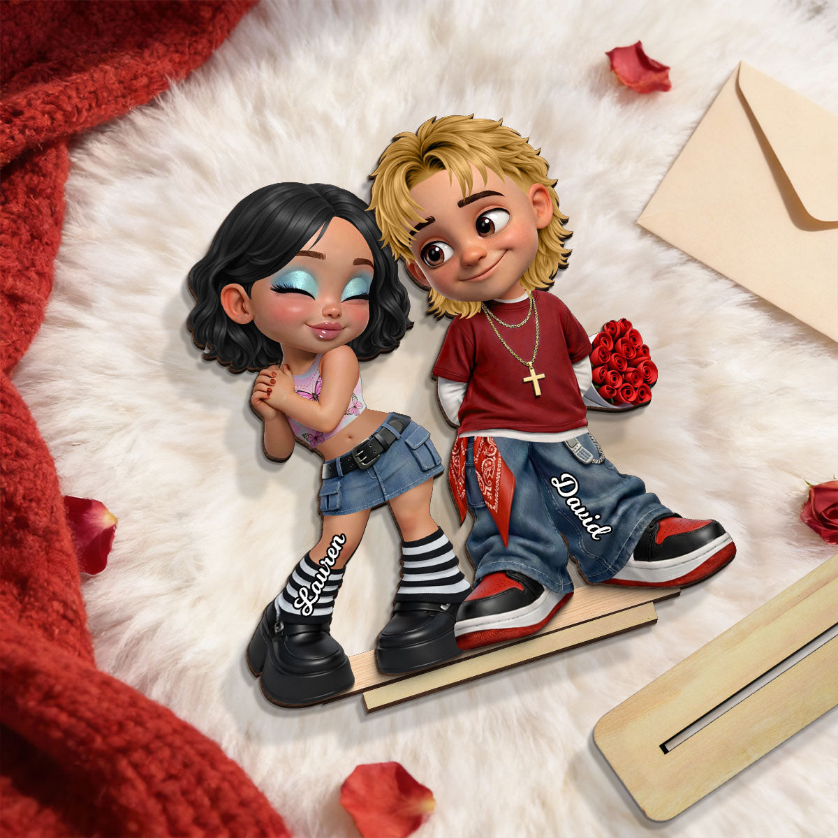 Trendy Y2K Couple - Personalized 2-Layered Wooden Plaque - Heartfelt Valentine's Day Gift For Him, Gift For Her