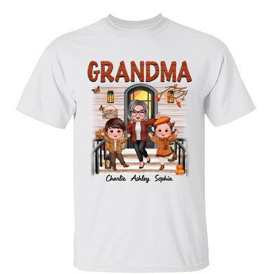 Fall Season Happy Doll Grandma And Grandkids Front Porch Personalized Shirt