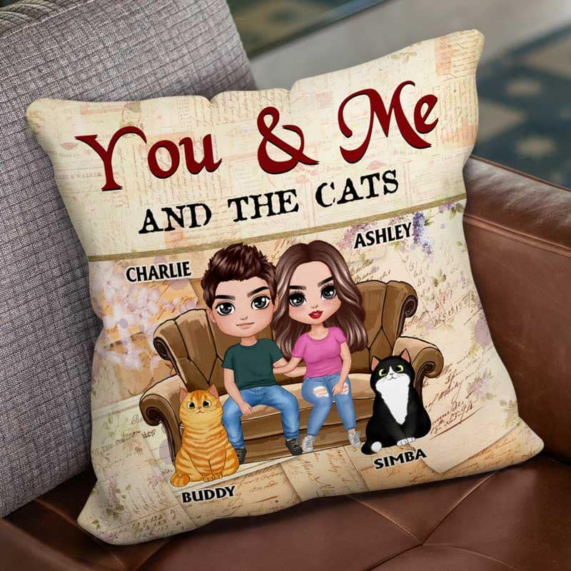 Couple And Cats Newspaper Background Personalized Pillow