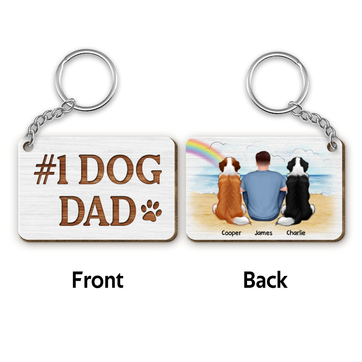 Number One Dog Dad Sitting On Beach Personalized Wooden Keychain