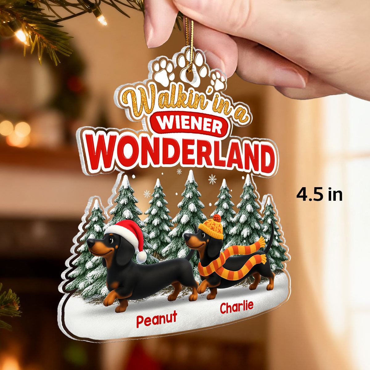 3D Effect Dachshunds Walking In A Wiener Wonderland - Personalized Acrylic ornament