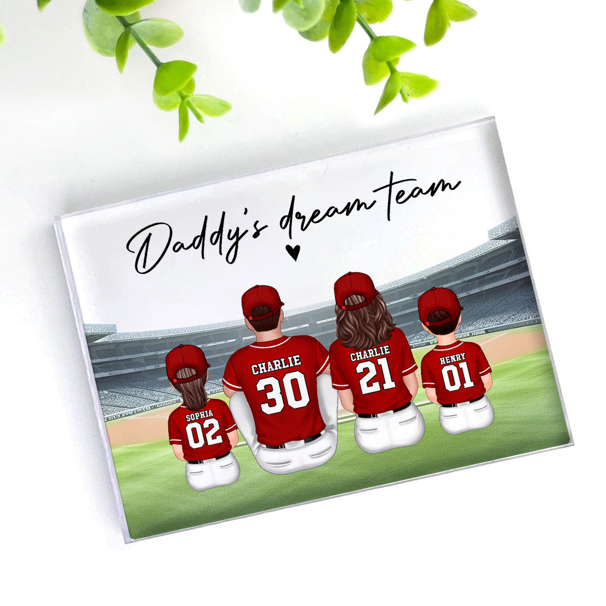 Daddy's Team Baseball Family Sitting Personalized Acrylic Block, Unique Father's Day Gift for Dad, Gift for Husband