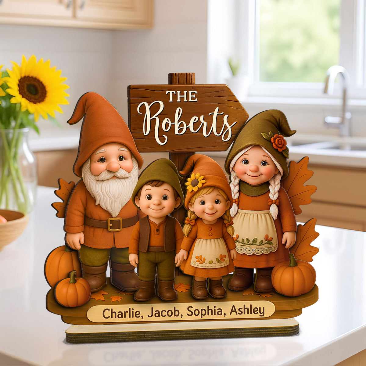 Gnome Family Fall Season Personalized 2-Layer Standing Wooden Plaque