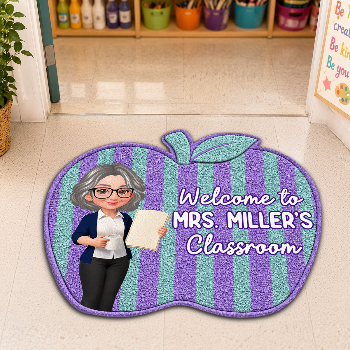 Trending Woman Style Teacher Apple Welcome To Classroom - Personalized Doormat - Back To School Gift For Teacher, Classroom Decor