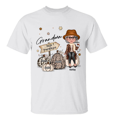 Grandma Mom Sitting On Animal Prints Patterned Pumpkins Fall Season Personalized Shirt