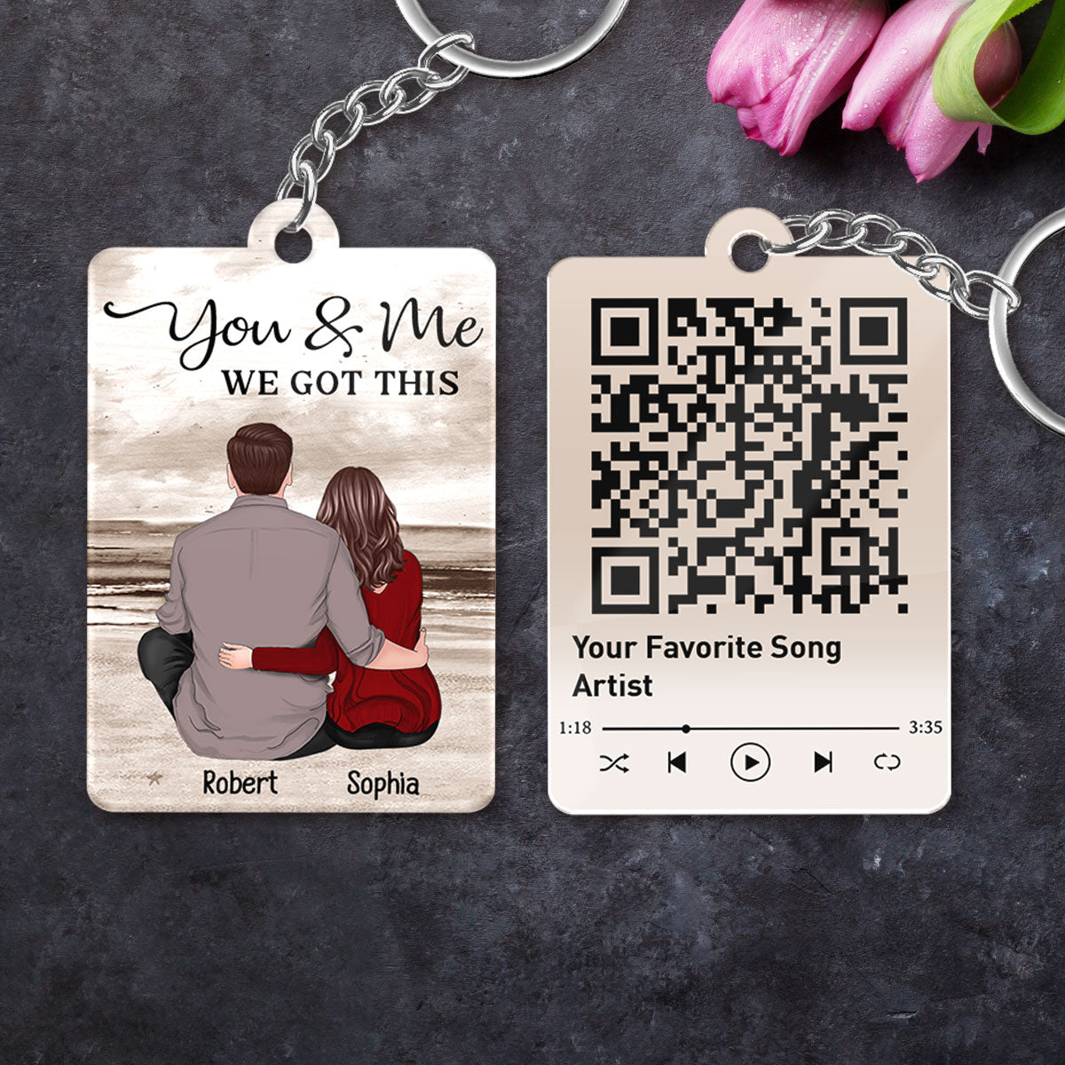 Retro Vintage Couple Sitting At Beach Favorite Song QR Code Personalized Acrylic Keychain