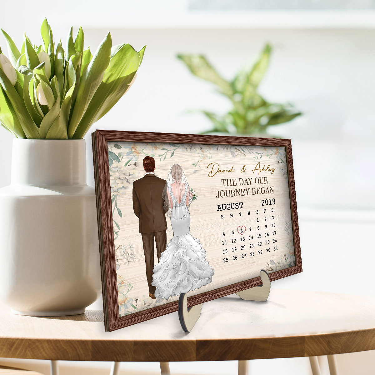 Back View Couple Wedding Anniversary Date Calendar Personalized 2-Layer Wooden Plaque