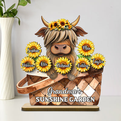 Cute Highland Cow Sunflower with Grandkids’ Names Sunny Vibe Personalized 2-Layer Standing Wooden Plaque