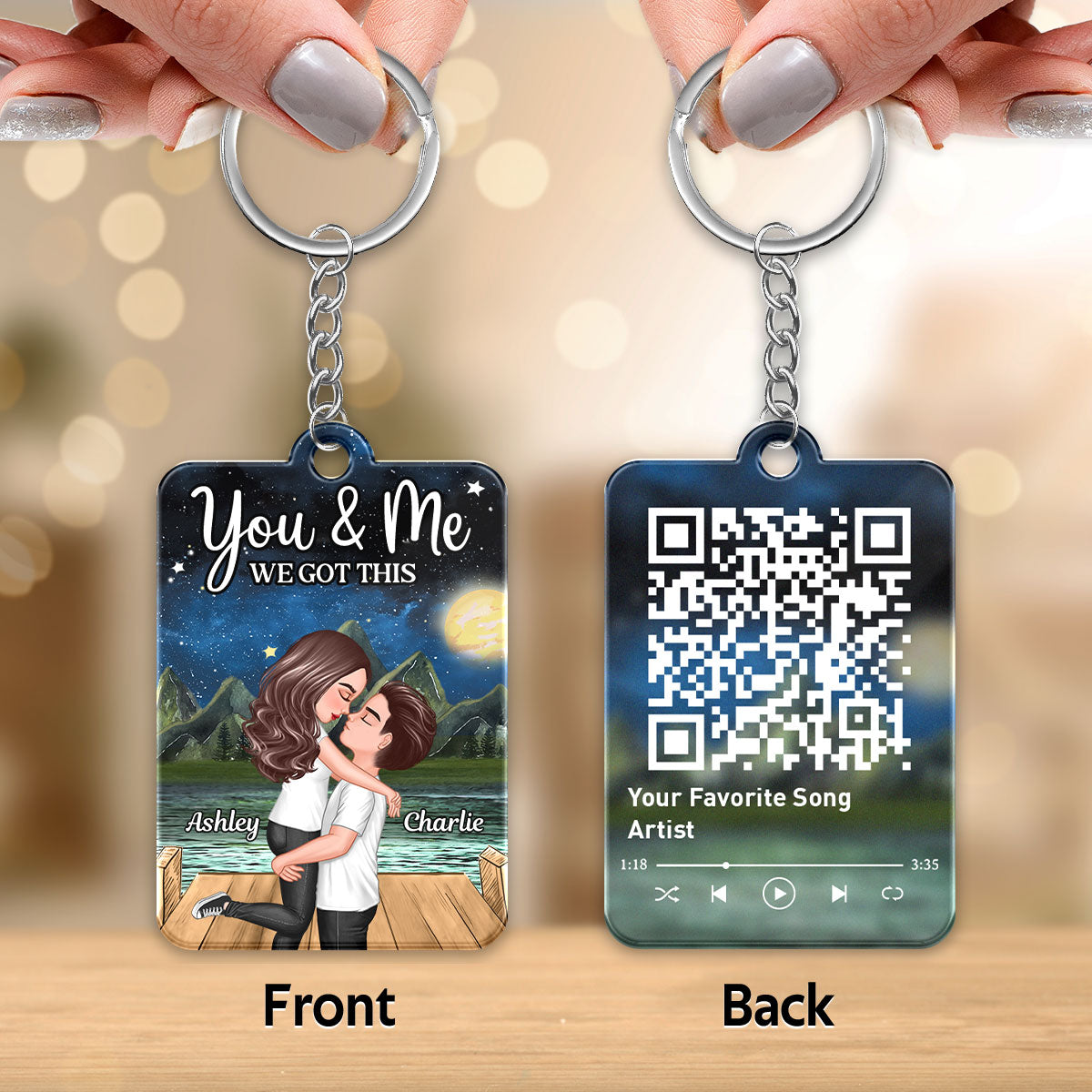 Doll Couple Kissing Hugging On The Brigde Moon Light Favorite Song QR CodePersonalized Acrylic Keychain