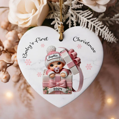 Baby Inside Gift Box Personalized Heart Ornament, Baby First Christmas Keepsake