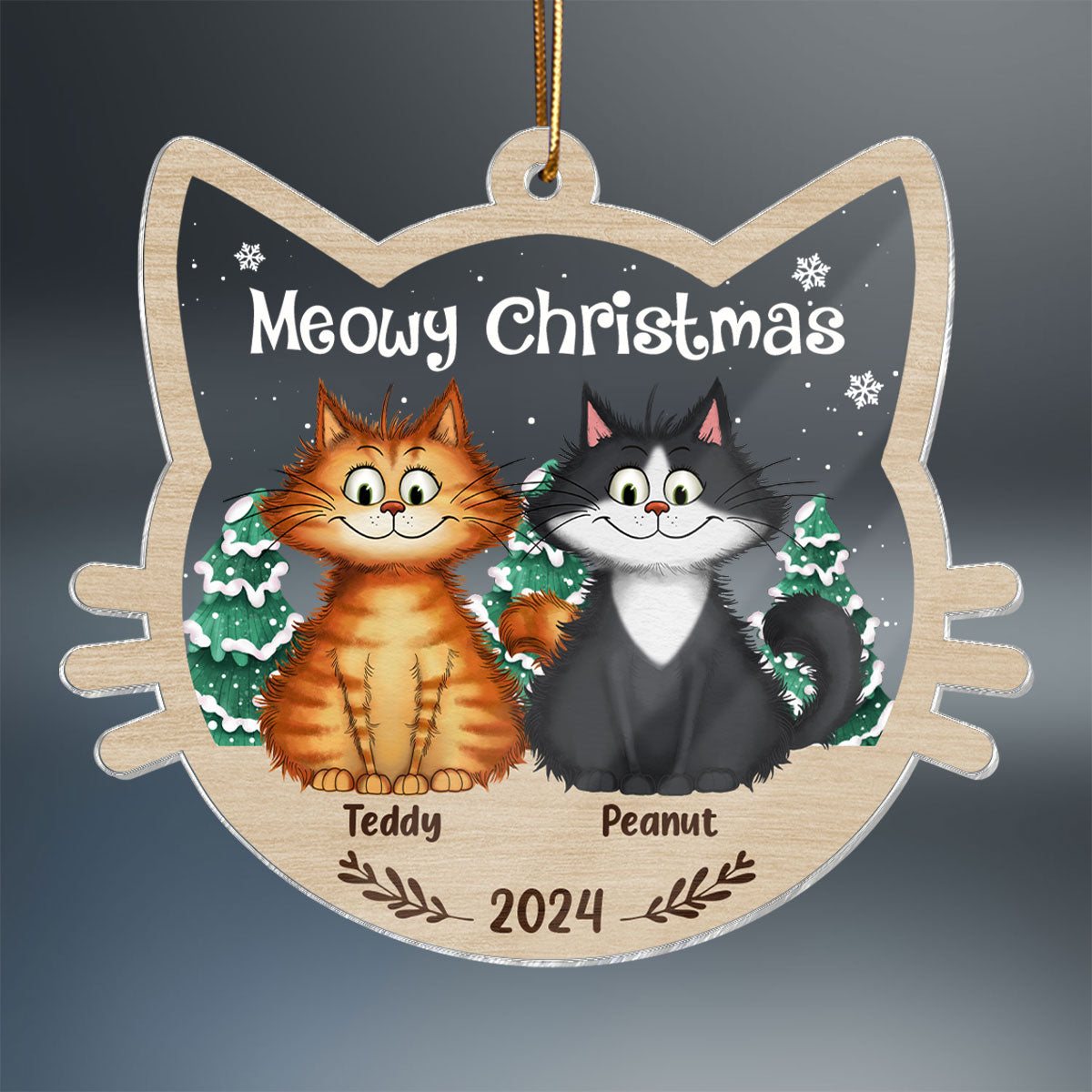 Meowy Christmas Quirky Cats Personalized Cat Face Shaped Acrylic Ornament