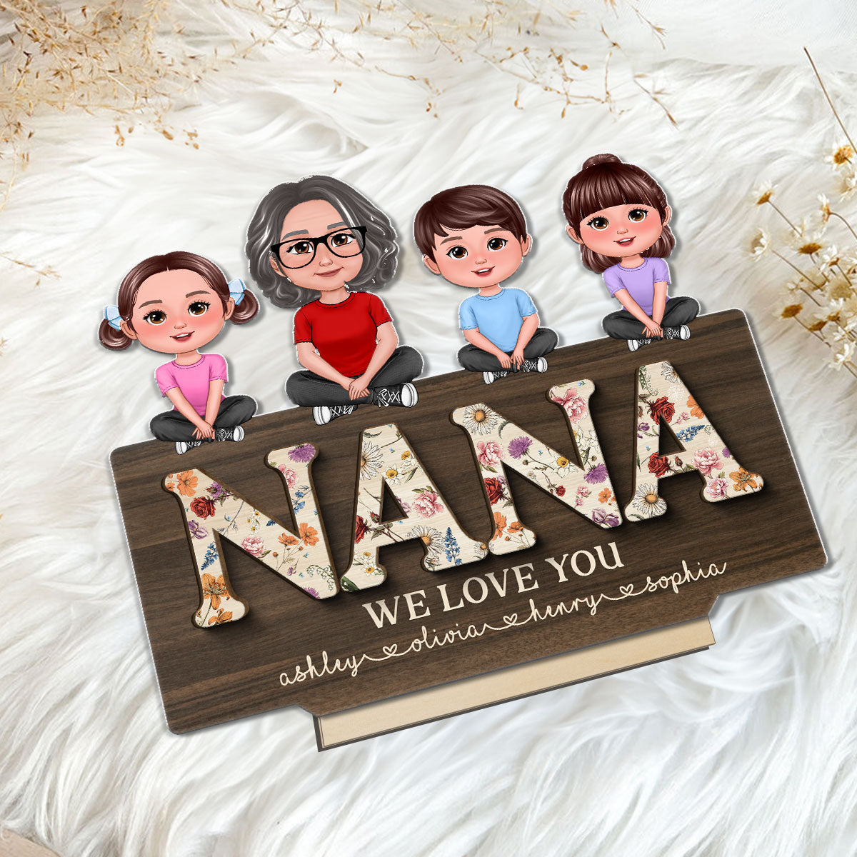 Mom Grandma We Love You Woman & Kids Crossed Legs Vintage Flowers Personalized 2-Layer Standing Wooden Plaque