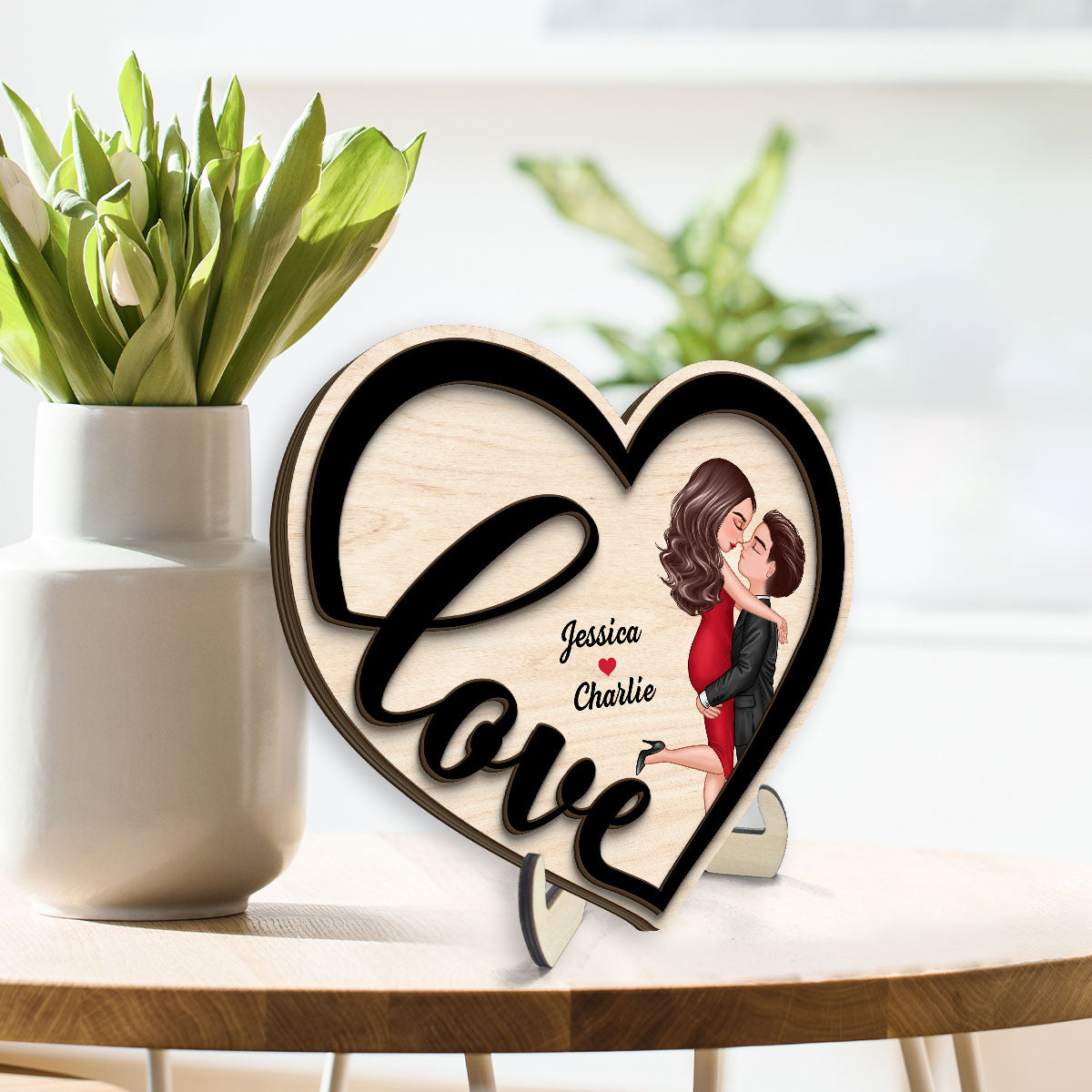 Couple Love Heart Hugging Kissing Personalized 2-layer Wooden Plaque
