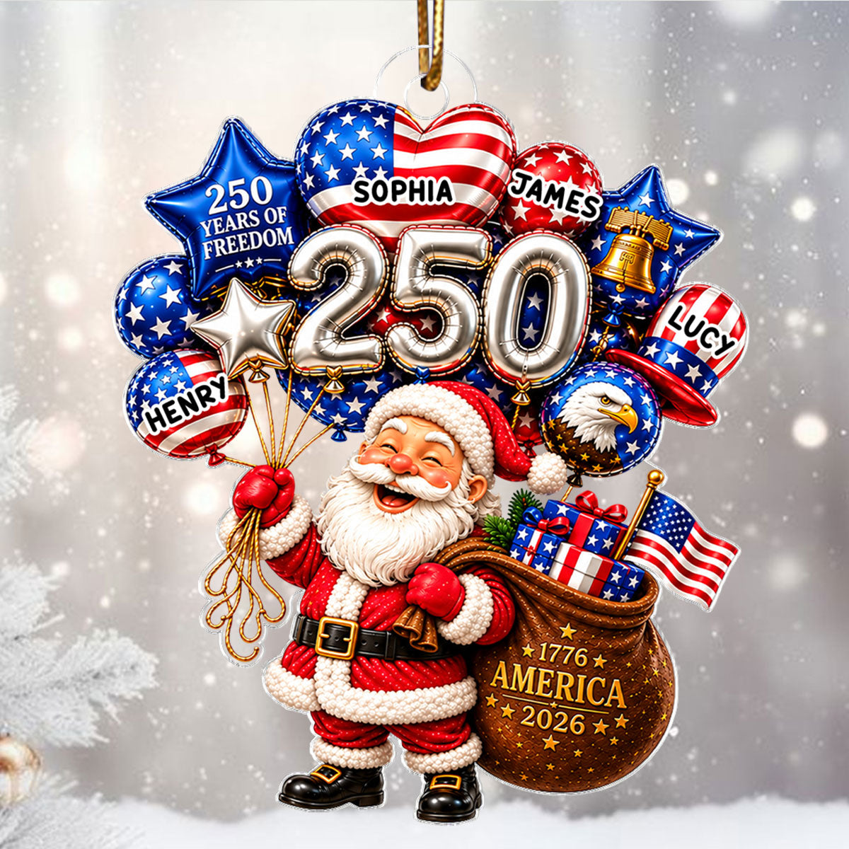 Santa Christmas USA 250 Christmas Custom Names - Personalized Acrylic Ornament 2026 - Gift For Family, Friend