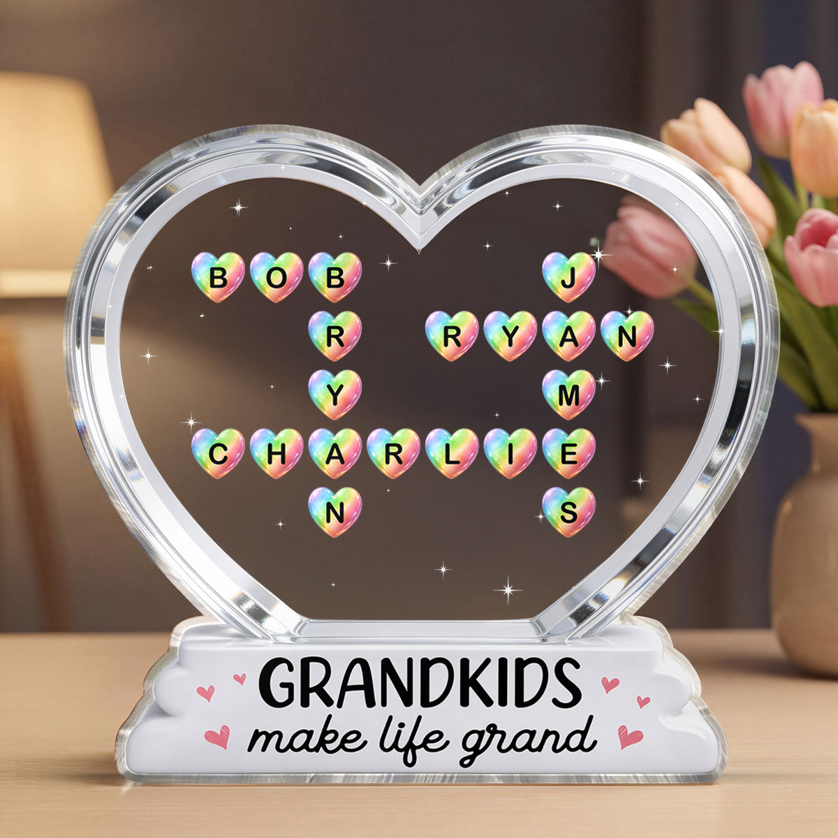 Grandkids Make Life Grand Crossword Puzzle Art Colorful Hearts 2D Flat - Personalized Acrylic Block Plaque - Gift For Grandma