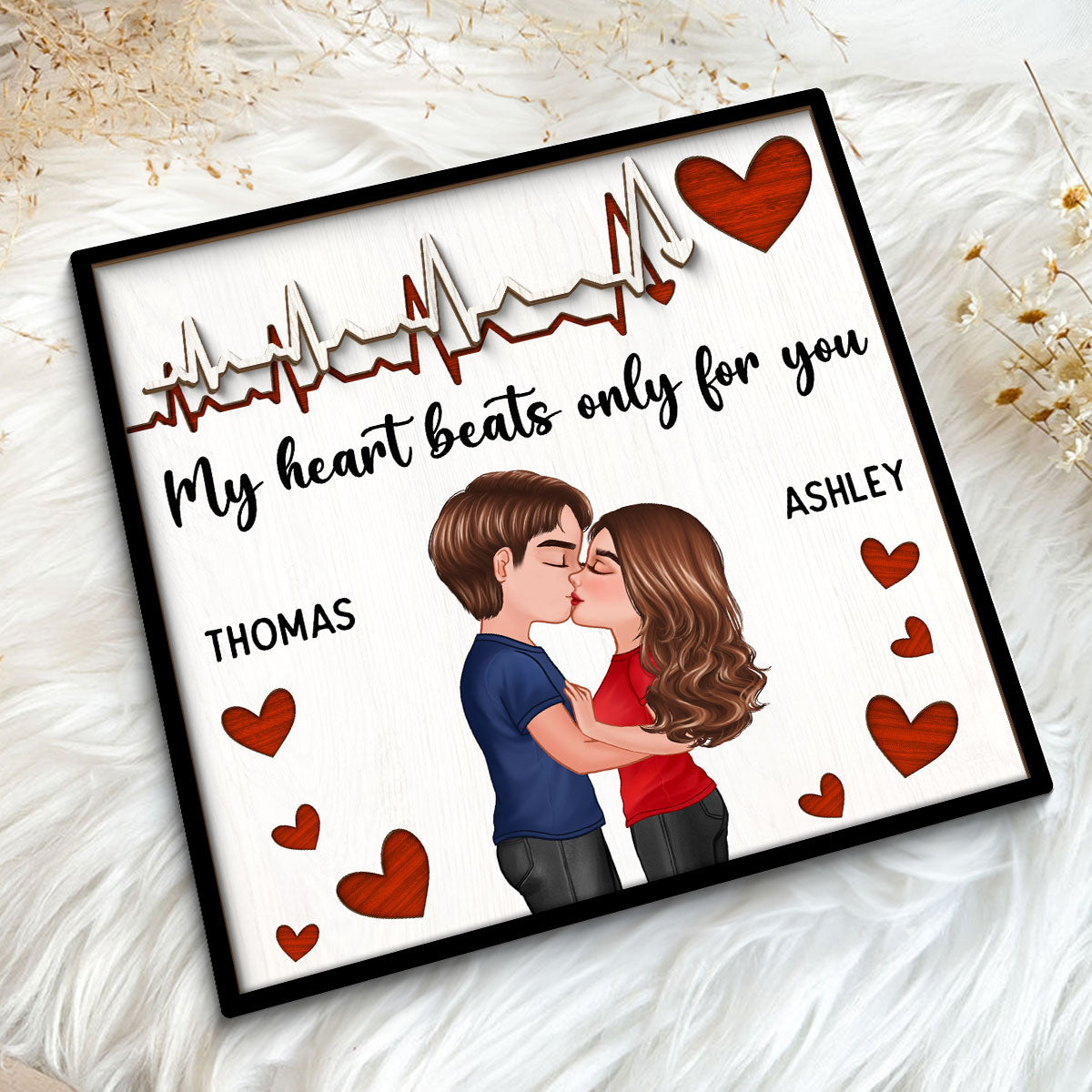My Heart Beats Only For You Couple Hugging Kissing Valentine‘s Day Gift For Him For Her Personalized 2-Layer Wooden Plaque