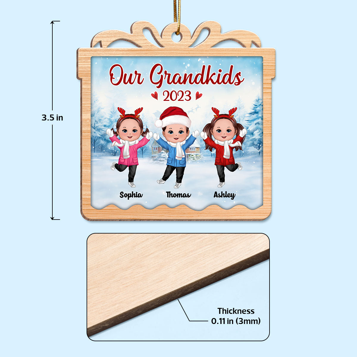 Our Grandkids Happy Kids In Snow Personalized Gift Box Shaped Wooden Ornament