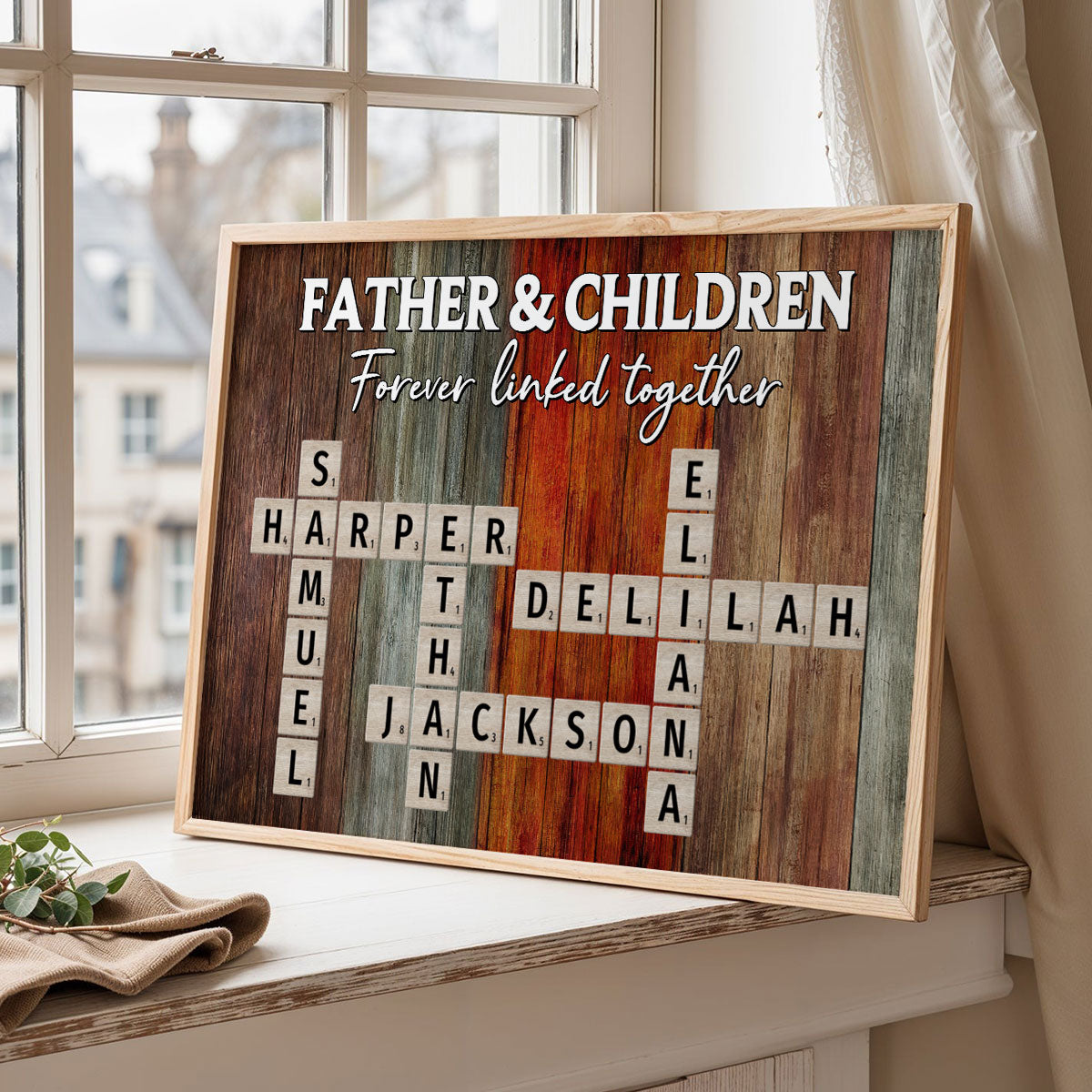 Father & Daughters Sons Forever Linked Together Crossword Puzzle Art Rustic Personalized Poster, Heartfelt Gift For Dad