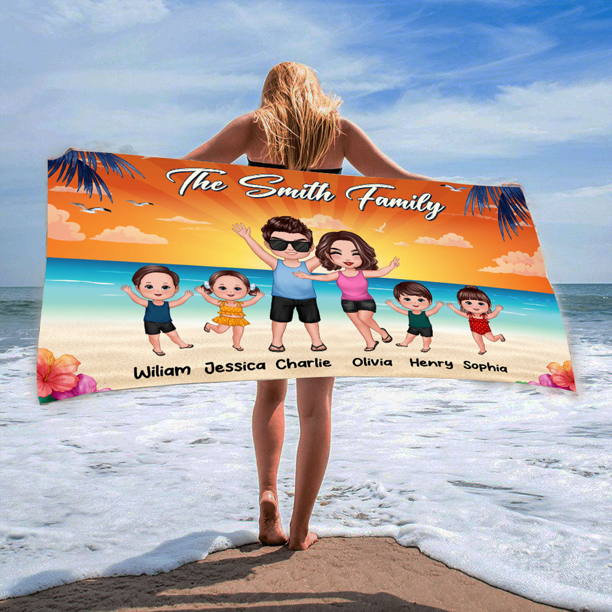 Whole Family Happy Couple Dad Mom Kids Dogs Cats Personalized Beach Towel