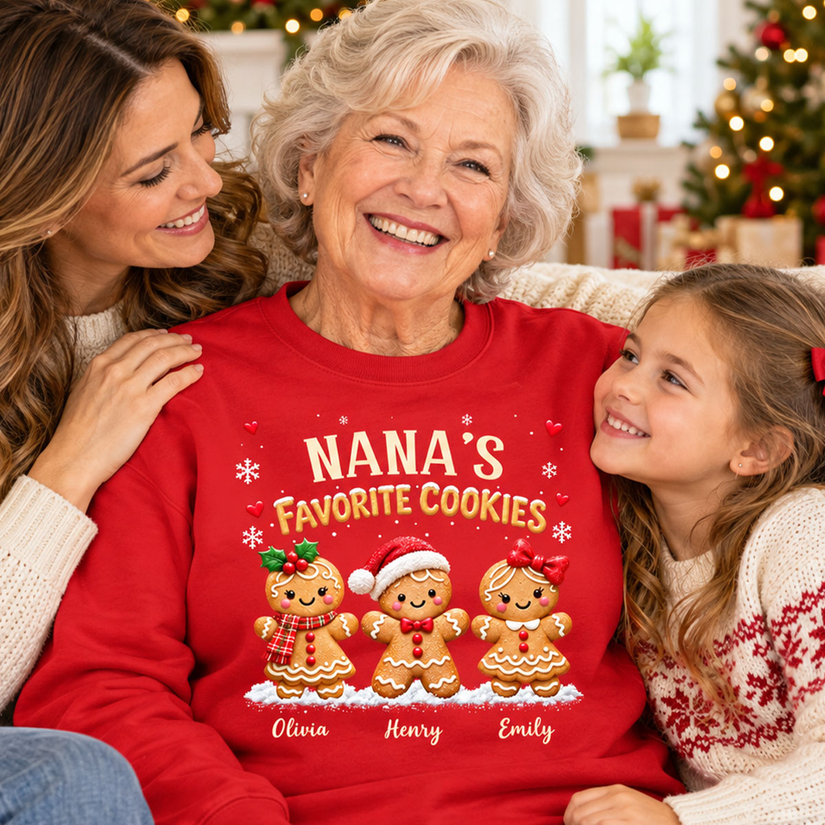 Grandma's Favorite Cookies - Personalized Shirt - Custom Grandkids Names Gingerbread, Cute Christmas Gift for Grandma, Nana, Mimi, Grammy & Gigi.