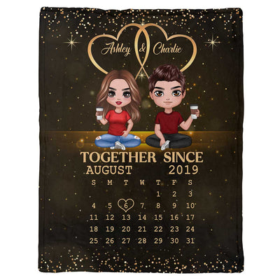 Doll Couple Sitting Together Since Anniversary Date Calendar Personalized Fleece Blanket - Anniversary Gift For Couple - Gift For Him, Gift For Her
