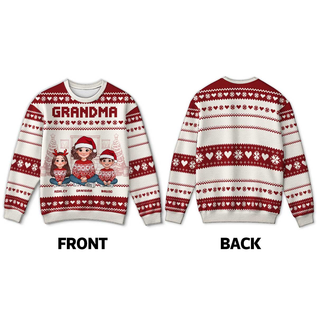 Animated Grandma Grandkids Christmas Personalized Faux Knitting Ugly Sweater