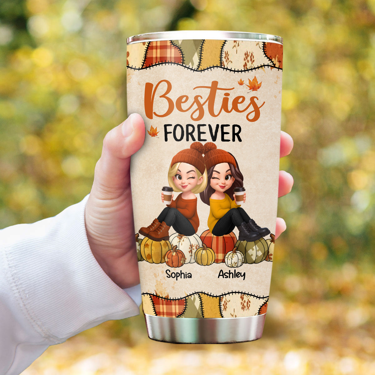 Besties Sisters Sitting On Pumpkin Preppy Floral Fall Season Personalized Tumbler