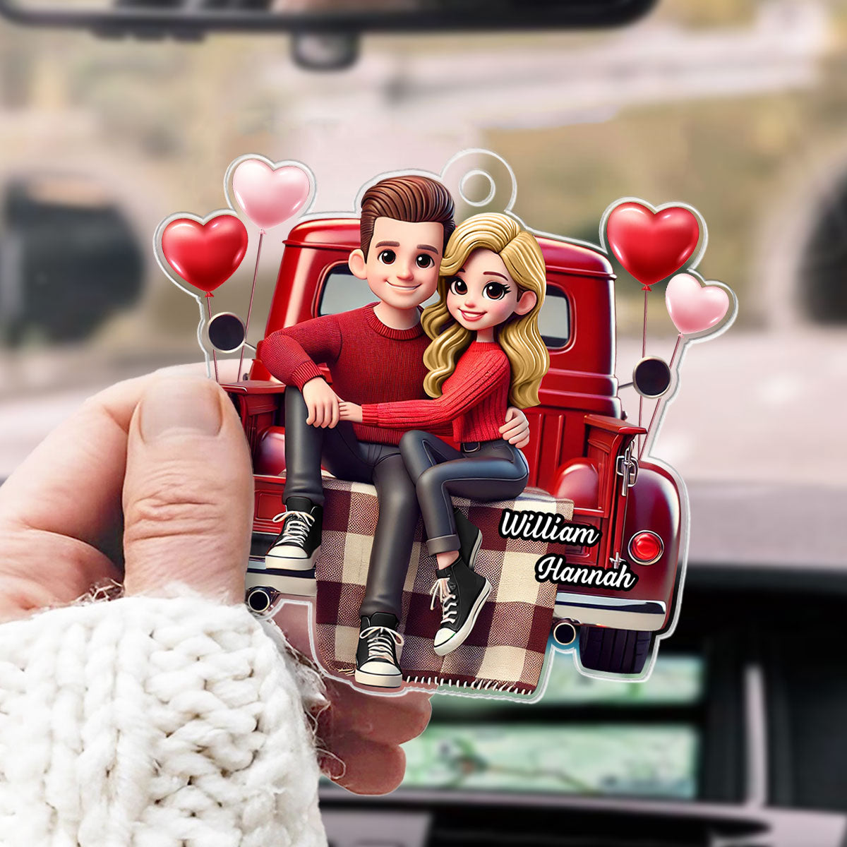 3D Effect Couple Sitting On Red Truck Personalized Acrylic Car Hanger,  Gift, Anniversary Gift For Couples