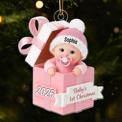 3D Effect Baby In Gift Box - Personalized Acrylic Ornament - First Christmas Keepsake
