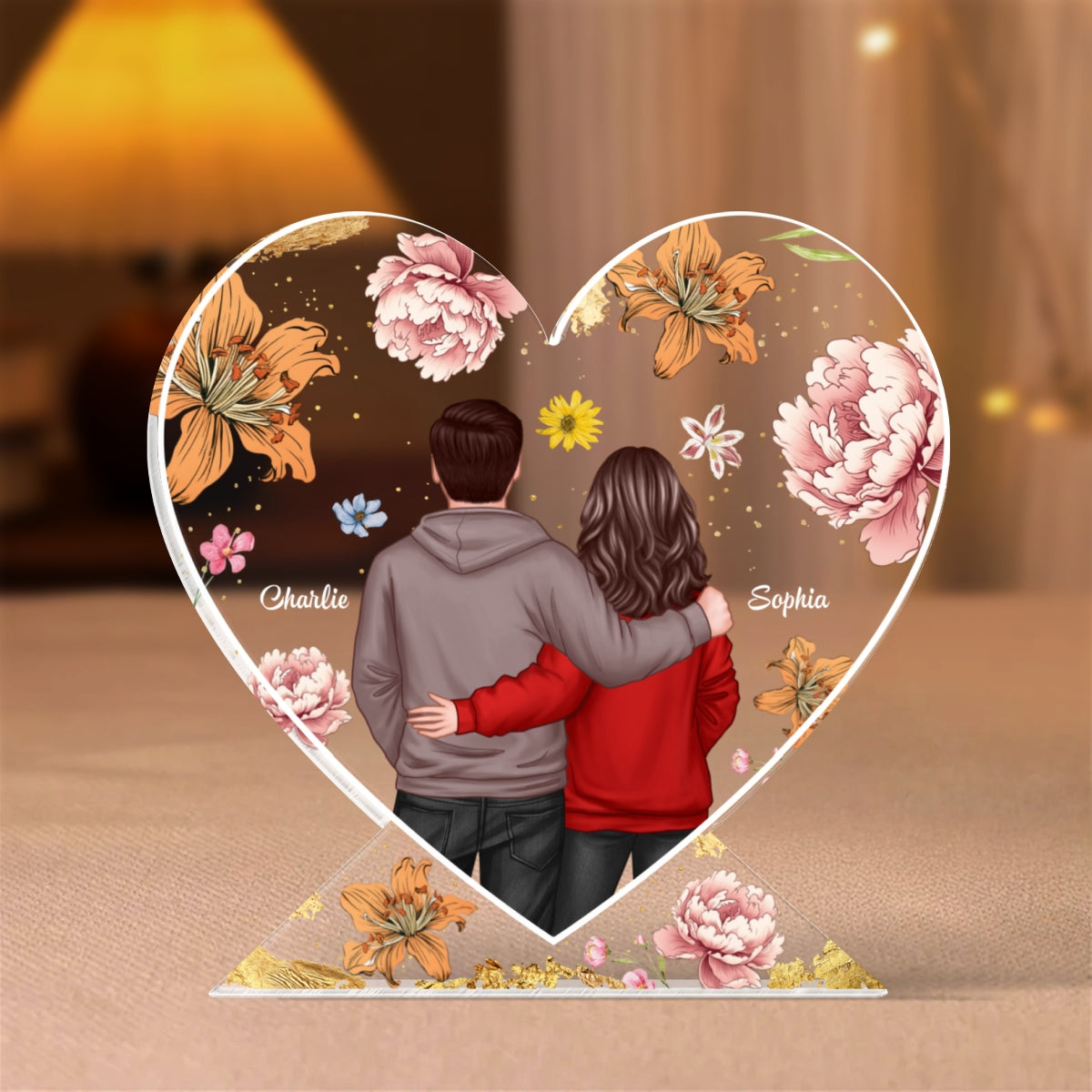 Couple Hugging Back View Birth Month Flower Personalized Acrylic Heart Block Plaque, Heartfelt 2025  Gift, Anniversary Gift For Girlfriend, For Wife