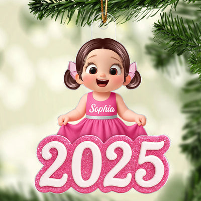 Cute Little Doll Girl 2025 - Personalized Acrylic Ornament - Christmas Gift for Kids, Grandkids
