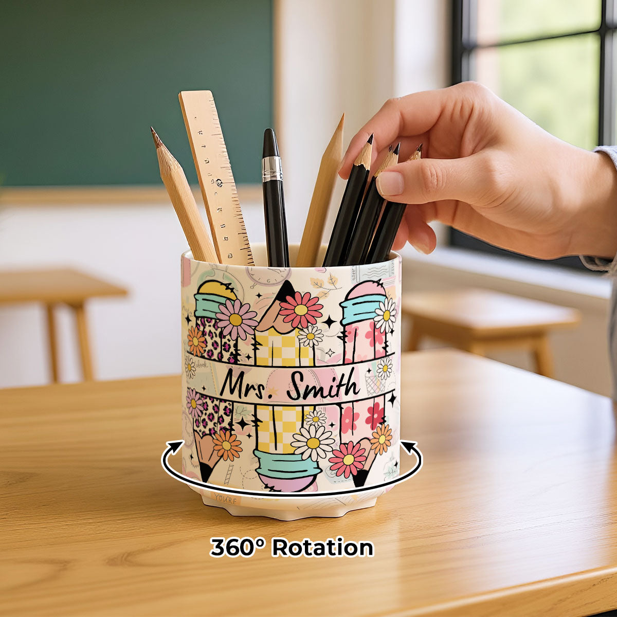 Teacher Life Doodle Pattern Personalized Rotating Pen Holder, Teacher Appreciation Gift, Back To School Gift