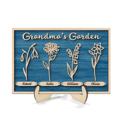 Grandma Mom Garden Outline Birth Month Flowers Personalized 2-layer Wooden Plaque