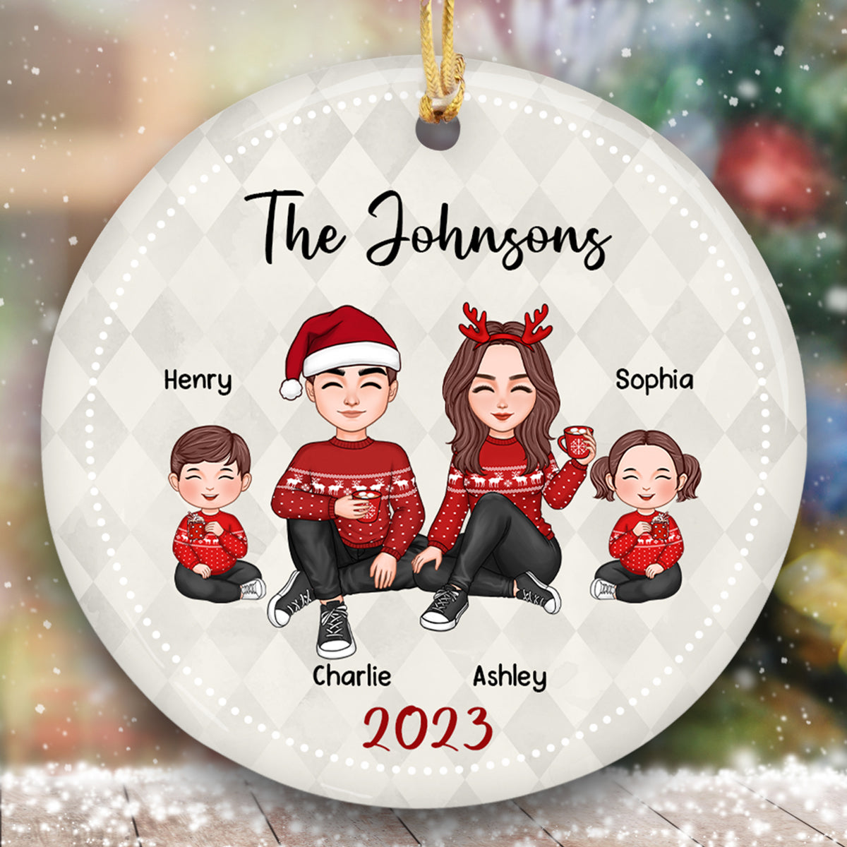 Family Cute Doll Couple Mom Dad Kid Dog Cat Personalized Circle Ornament