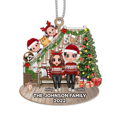 Doll Couple Standing And Kids Personalized Wooden Ornament