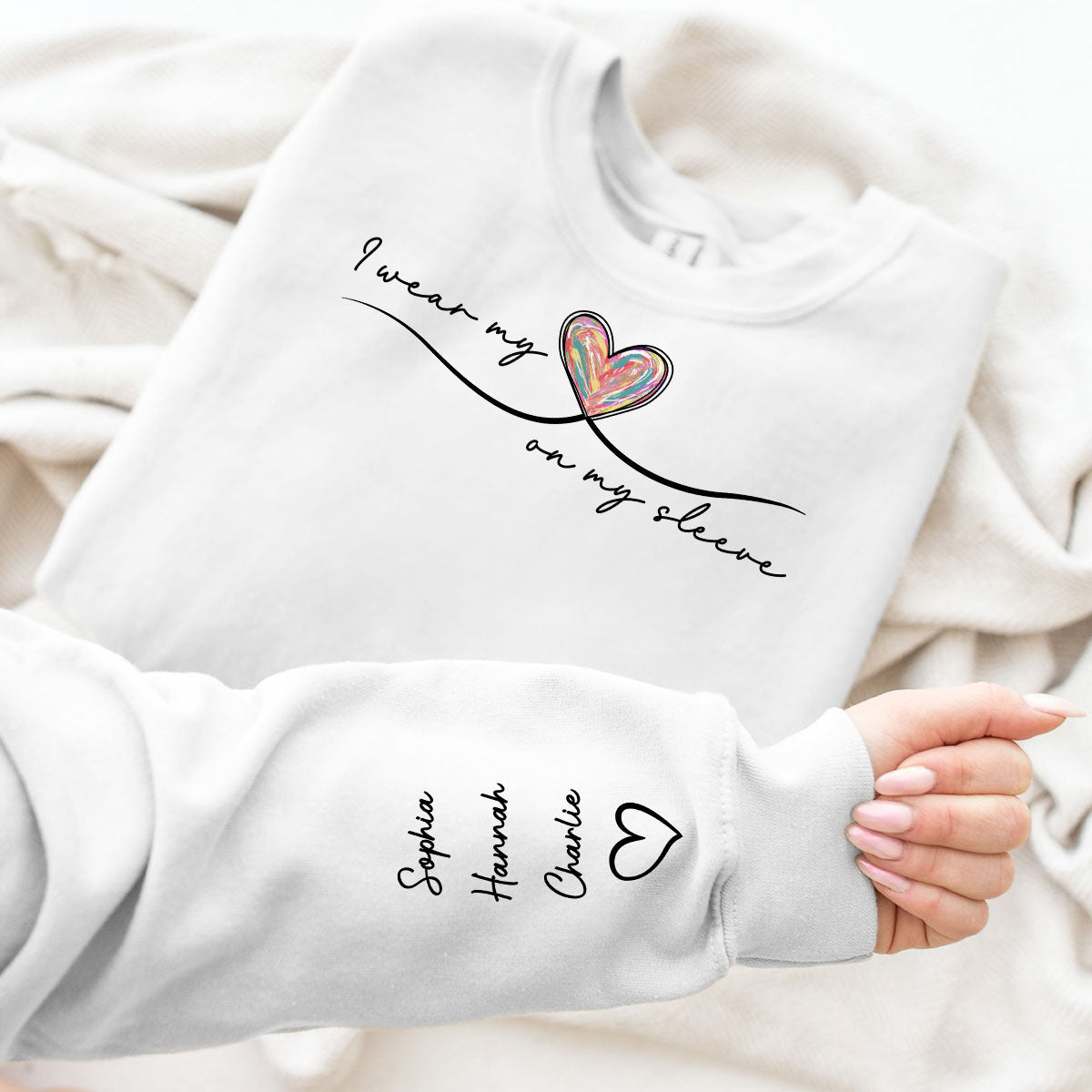 Grandma Wears Her Heart On Her Sleeve, Colorful Heart, Gift For Grandma And Mom, Personalized Sleeve Printed Sweatshirt